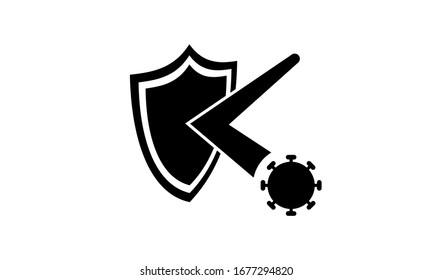 Shield reflecting a coronavirus molecule. Virus protection. Black and white vector illustration on a white background