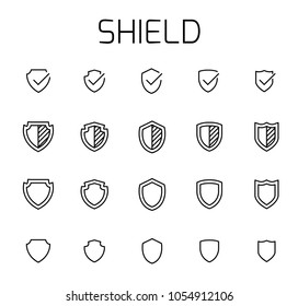 Shield related vector icon set. Well-crafted sign in thin line style with editable stroke. Vector symbols isolated on a white background. Simple pictograms.