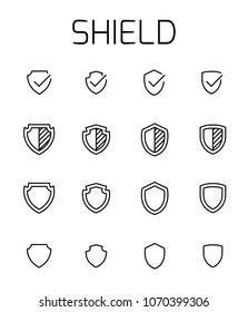 Shield related vector icon set. Well-crafted sign in thin line style with editable stroke. Vector symbols isolated on a white background. Simple pictograms.