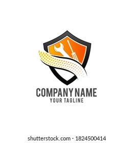 Shield Repair Logo Template Design. Creative Vector Emblem, for Icon or Design Concept.