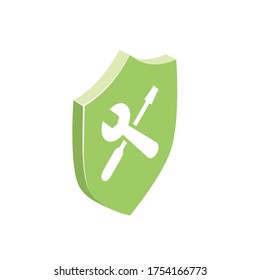 Shield repair service guarantee. Vector 3d isometric, color web icon, new flat style. Creative illustration design, isolated graphic idea for infographics.