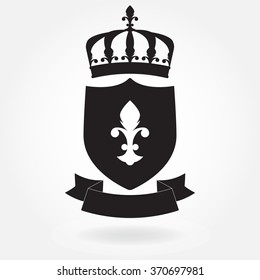 Shield with ribbon and crown. Blazon icon or sign. Heraldic royal design element. Vector illustration.
