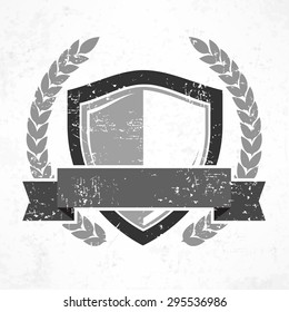 Shield with ribbon and laurel in grange, flat vector illustration