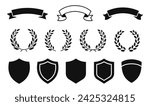 Shield, Ribbon and Laurel wreath, icon set. Logo elements: ribbons, shield, laurel chaplet set. Vector