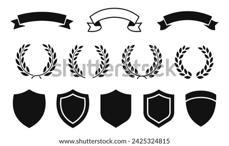 Shield, Ribbon and Laurel wreath, icon set. Logo elements: ribbons, shield, laurel chaplet set. Vector