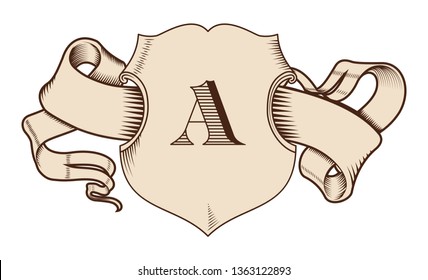Shield and ribbon in the old graphic style. Vintage elements.