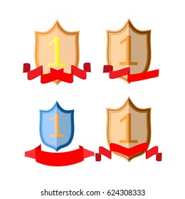 Shield and ribbon red set. Modern symbol of victory and award achievement sport and etc. Insignia ceremony awarding of winner. Graphic antique heraldic badge. Design element. Vector illustration.