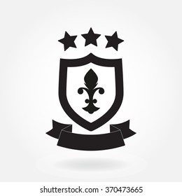 Shield with ribbon and stars. Blazon icon or sign. Heraldic royal design element. Vector illustration.