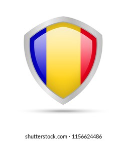 Shield with Romania flag on white background. Vector illustration.