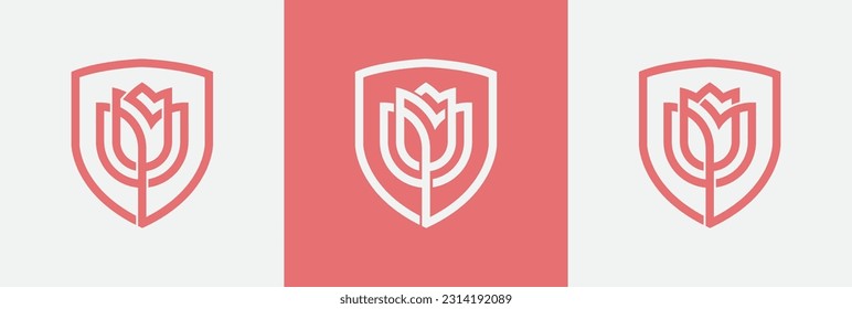 Shield Rose Flower Logo Concept symbol icon sign Element Design. Tulip, Cosmetics, Jewellery, Jewelry, Beauty, Health Care, Beauty salon, Boutique, Spa Logotype. Vector illustration template