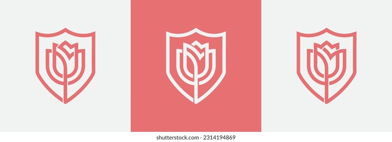 Shield Rose Flower Logo Concept icon sign symbol Element Design. Tulip, Cosmetics, Jewellery, Jewelry, Beauty, Health Care, Beauty salon, Boutique, Spa Logotype. Vector illustration template