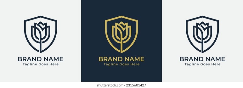 Símbolo del símbolo del símbolo del concepto del logotipo de la flor rosa del escudo. Diseño del elemento. Tulipán, Cosmética, Joyería, Joyería, Belleza, Atención de Salud, Salón de belleza, Boutique, Spa Logotipo. Plantilla de ilustración de vector