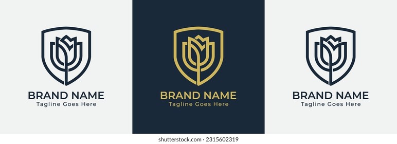 Símbolo del símbolo del concepto del logotipo de la flor rosa del escudo Diseño del elemento. Tulipán, Cosmética, Joyería, Joyería, Belleza, Atención de Salud, Salón de belleza, Boutique, Spa Logotipo. Plantilla de ilustración de vector
