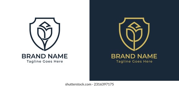 Shield Rose Flower Logo Concept icon sign symbol Element Design. Tulip, Cosmetics, Jewelry, Jewellery, Beauty, Health Care, Beauty salon, Boutique, Spa Logotype. Vector illustration template