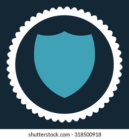 Shield round stamp icon. This flat vector symbol is drawn with blue and white colors on a dark blue background.