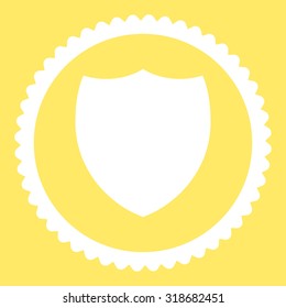 Shield round stamp icon. This flat vector symbol is drawn with white color on a yellow background.