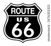 Shield of Route 66. Sign and classic representation of the Route 66 highway. U.S. Route 66, the Mother Road, a historic 2,400-mile highway that ran from Chicago, Illinois to Santa Monica, California.
