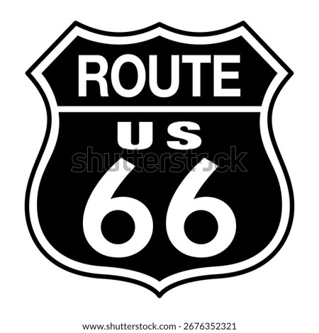 Shield of Route 66. Sign and classic representation of the Route 66 highway. U.S. Route 66, the Mother Road, a historic 2,400-mile highway that ran from Chicago, Illinois to Santa Monica, California.