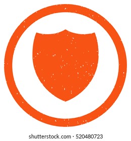 Shield rubber seal stamp watermark. Icon vector symbol with grunge design and corrosion texture. Scratched orange ink emblem on a white background.
