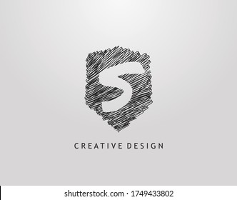 Shield S Letter Logo. Abstract hand drawn shield stroke line shape with negative space of letter S. Modern, minimalist and retro concept design. 