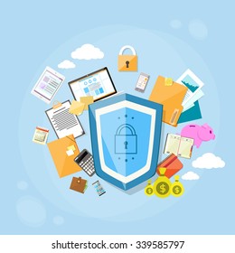 Shield Safe Data Protection Concept Privacy Computer Internet Information Security Flat Banner Logo Vector Illustration