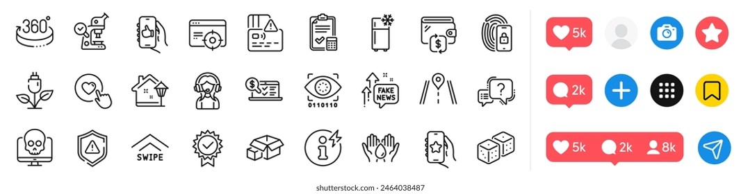 Shield, Safe water and Swipe up line icons pack. Social media icons. Question mark, Accounting checklist, Dice web icon. Card, Seo targeting, Power info pictogram. Vector
