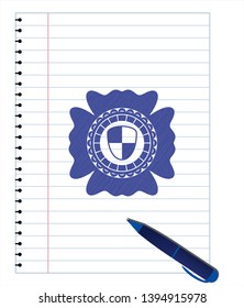 shield, safety icon blue ink pen emblem. Vector Illustration. Detailed.