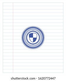 shield, safety icon draw (pen strokes). Blue ink. Vector Illustration. Detailed.