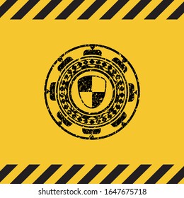 shield, safety icon grunge black emblem with yellow background, warning sign. Vector Illustration. Detailed.