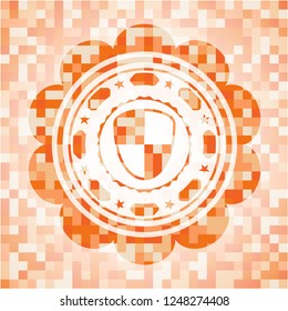 shield, safety icon inside abstract emblem, orange mosaic background