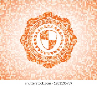 shield, safety icon inside abstract emblem, orange mosaic background