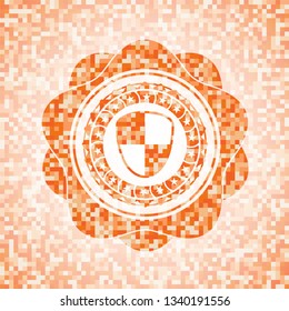 shield, safety icon inside abstract emblem, orange mosaic background