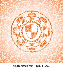 shield, safety icon inside abstract orange mosaic emblem with background