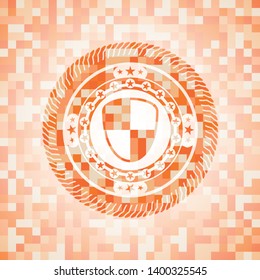 shield, safety icon inside abstract orange mosaic emblem with background