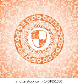 shield, safety icon inside abstract emblem, orange mosaic background