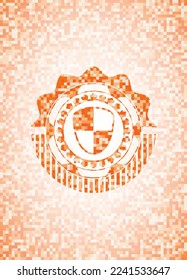 shield, safety icon inside abstract emblem, orange mosaic background. 