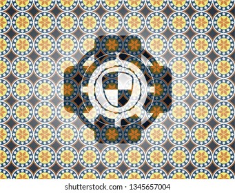 shield, safety icon inside arabesque badge. arabic decoration.