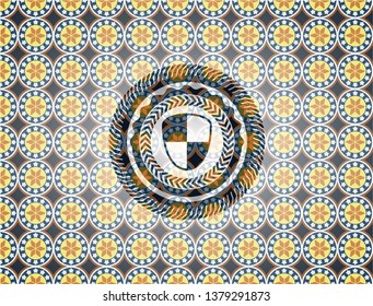 shield, safety icon inside arabic emblem background. Arabesque decoration.