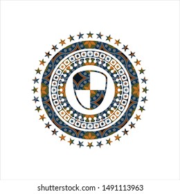 shield, safety icon inside arabic emblem background. Arabesque decoration.