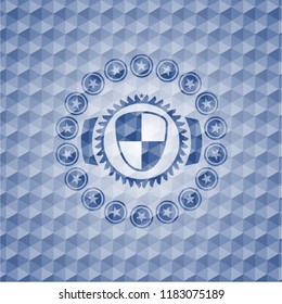 shield, safety icon inside blue emblem with geometric pattern.