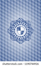 shield, safety icon inside blue emblem or badge with geometric pattern background.