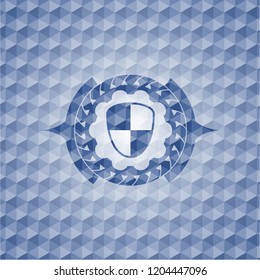 shield, safety icon inside blue emblem with geometric background.