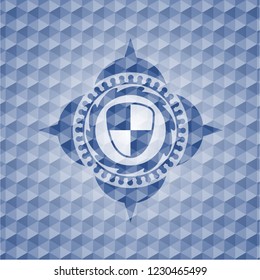 shield, safety icon inside blue emblem with geometric pattern.