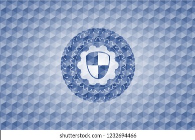 shield, safety icon inside blue emblem with geometric pattern background.