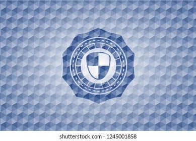 shield, safety icon inside blue badge with geometric background.