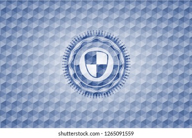 shield, safety icon inside blue emblem or badge with abstract geometric pattern background.