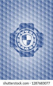 shield, safety icon inside blue emblem or badge with abstract geometric pattern background.