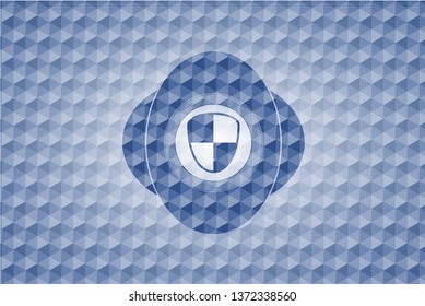 shield, safety icon inside blue badge with geometric pattern.