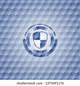 shield, safety icon inside blue badge with geometric pattern background.