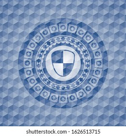 shield, safety icon inside blue badge with geometric pattern.